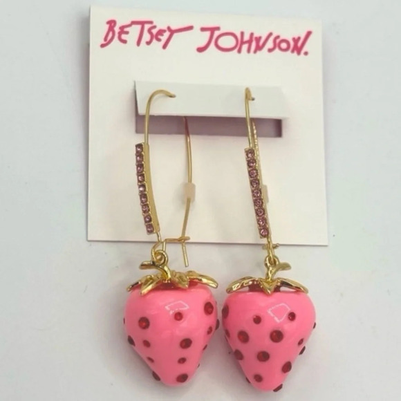 BETSEY JOHNSON SET Enamel & Crystals Pink Strawberry Necklace & Earrings NEW NWT - Picture 15 of 16